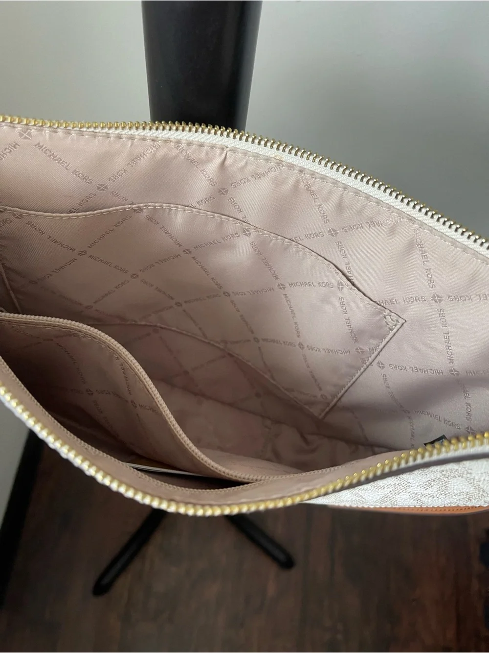 MICHAEL KORS Camden Half Moon Signature Logo Crossbody Bag Color: Vanilla/Acorn